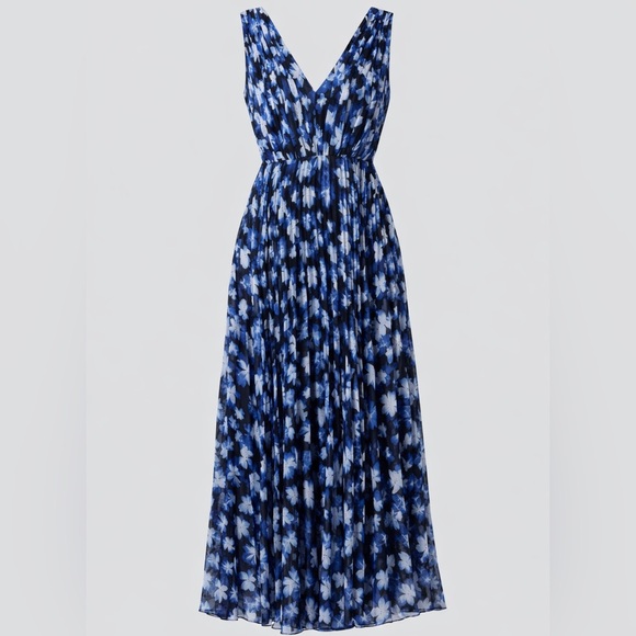 ML Monique Lhuilier Melanie Sleeveless Floral V Neck Pleated Gown Blue Size 4 - Picture 2 of 7